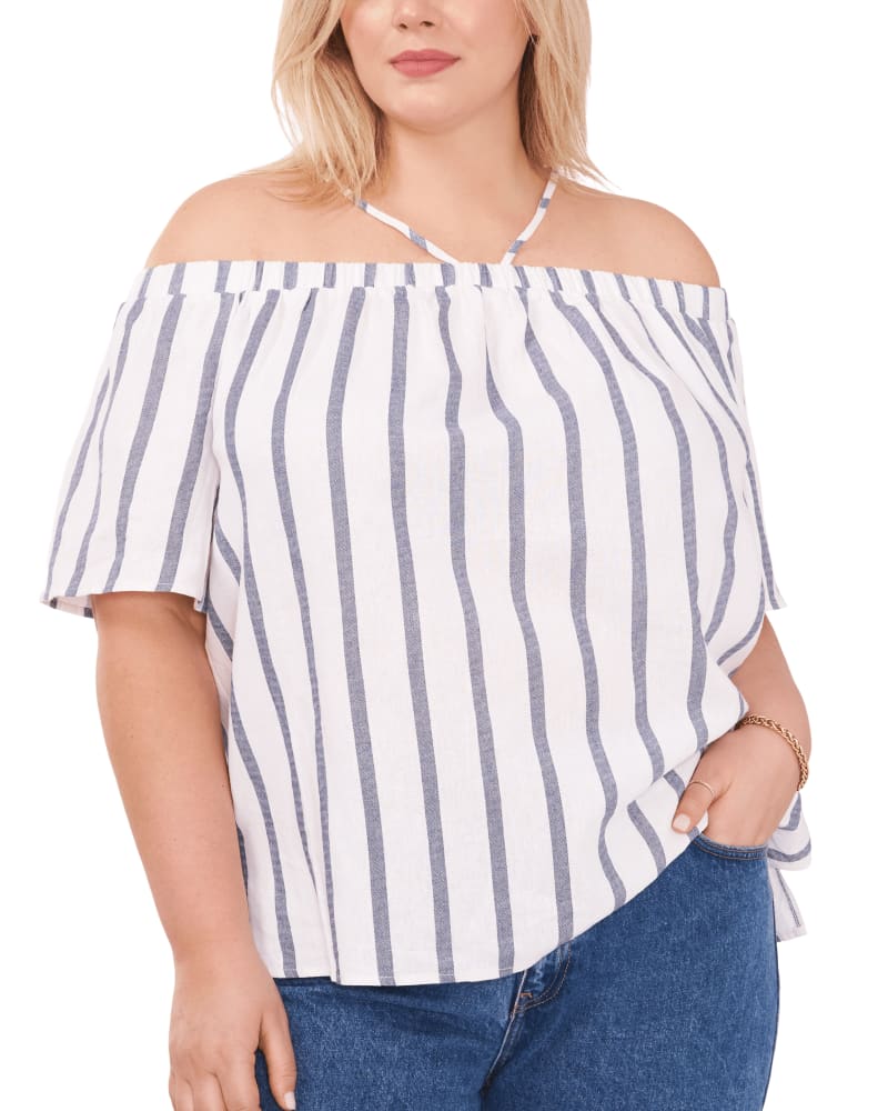 Front of a model wearing a size 1X Emilia Striped Linen Blouse in ULTA WHITE by Vince Camuto. | dia_product_style_image_id:261914